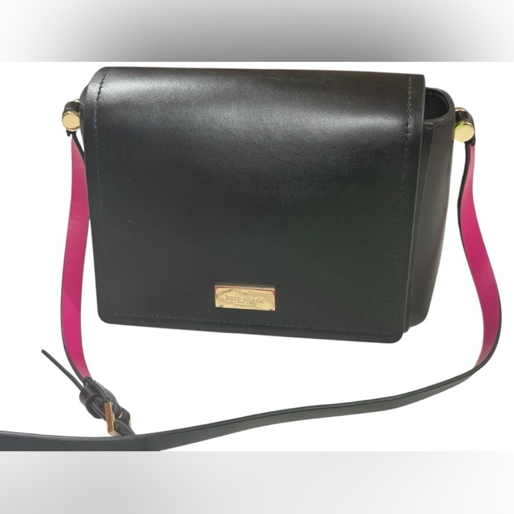 Kate Spade Avva Arbor Hill Black Leather Crossbody Bag Pink Interior Gold Logo